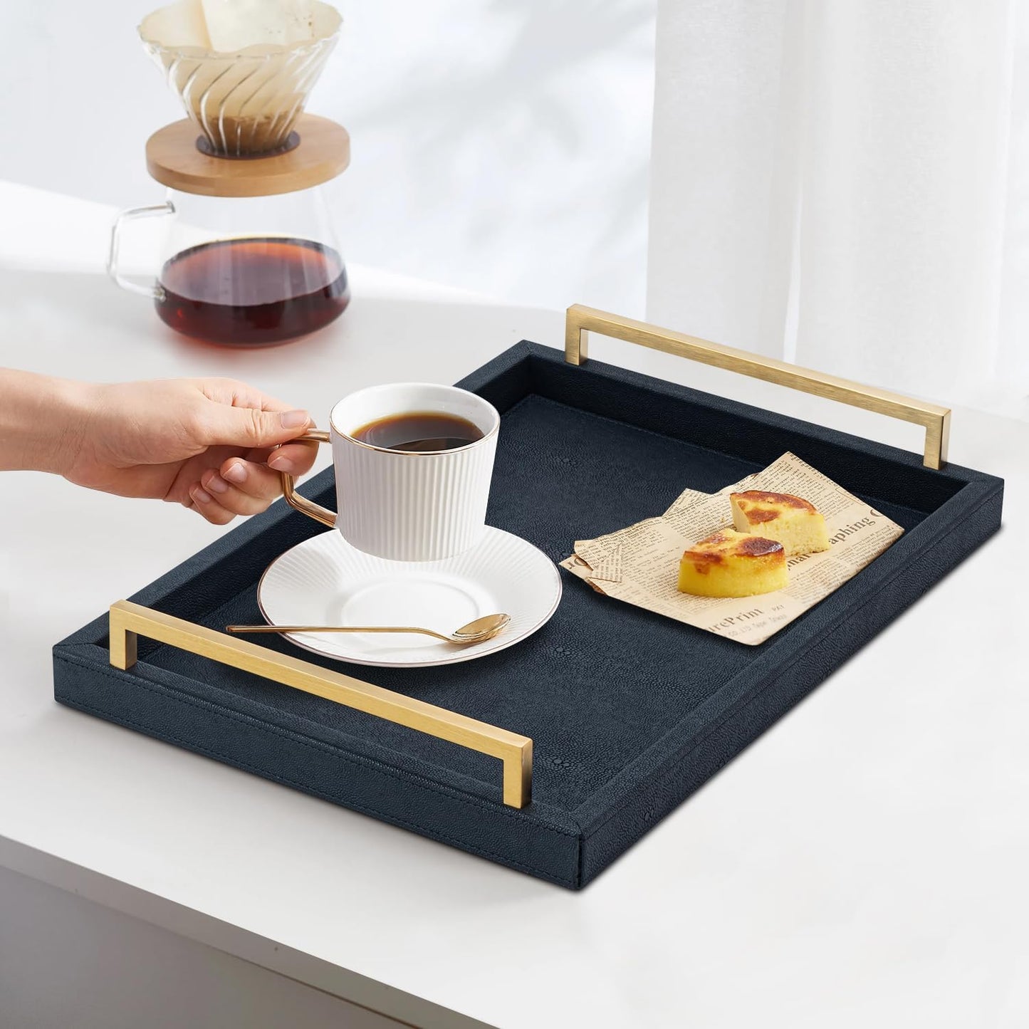 XIGEXIGE Ivory Shagreen Decorative Tray Large Rectangle Coffee Table Tray for Ottoman Faux Leather Serving Tray with Brushed Gold Handles