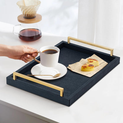XIGEXIGE Ivory Shagreen Decorative Tray Large Rectangle Coffee Table Tray for Ottoman Faux Leather Serving Tray with Brushed Gold Handles