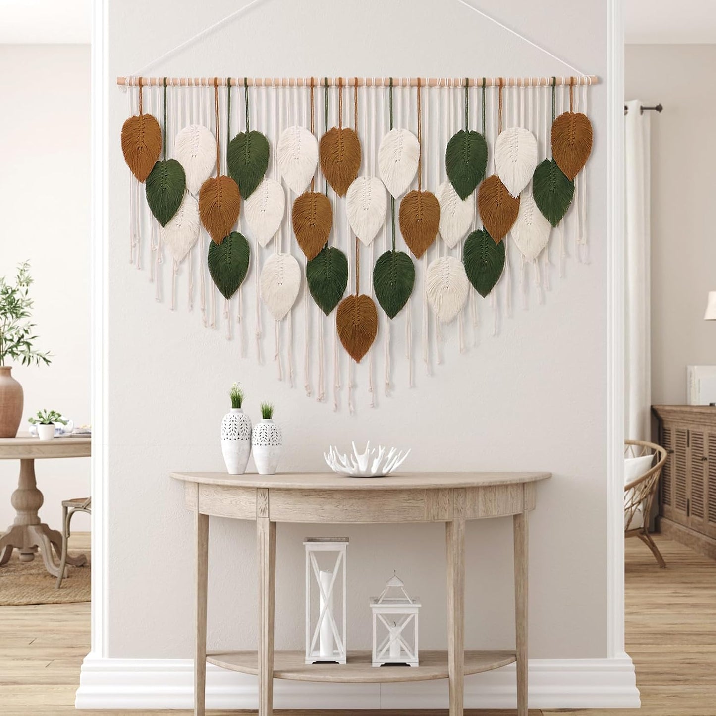 KHOYIME Large Macrame Wall Hanging Boho Woven Tapestry, Chic Home Decor Modern Bohemian Handmade Leaf Feather Wall Art Decorations for Apartment Dorm Living Room Bedroom Nursery Backdrop 39"W X 29.5"L