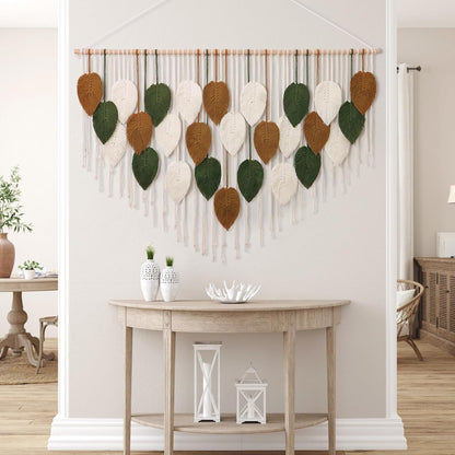 KHOYIME Large Macrame Wall Hanging Boho Woven Tapestry, Chic Home Decor Modern Bohemian Handmade Leaf Feather Wall Art Decorations for Apartment Dorm Living Room Bedroom Nursery Backdrop 39"W X 29.5"L