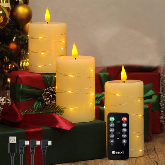 Rechargeable Flameless Glass Pillar Candles–Gifts for Women,–Set of 3, Realistic Flickering LED Light,Remote & Timer, Ideal for Living Room, Bedroom & Festival Wedding Home Party Decor