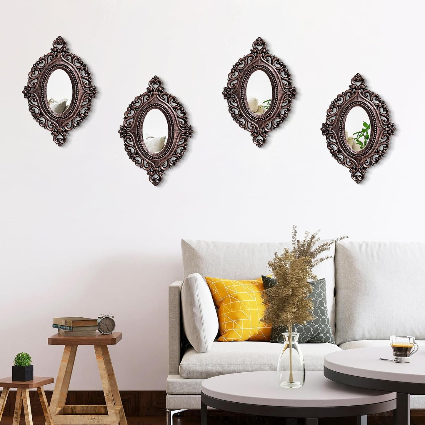 ZEXUIRU 4 Set. Rustic Wall Mirrors for Bedroom Bathroom Living Room Entryway Wood Farmhouse Square Easy to Hang Framed Decorative Accent Hanging Wall-Mounted Mirror Set for Living Room - Black