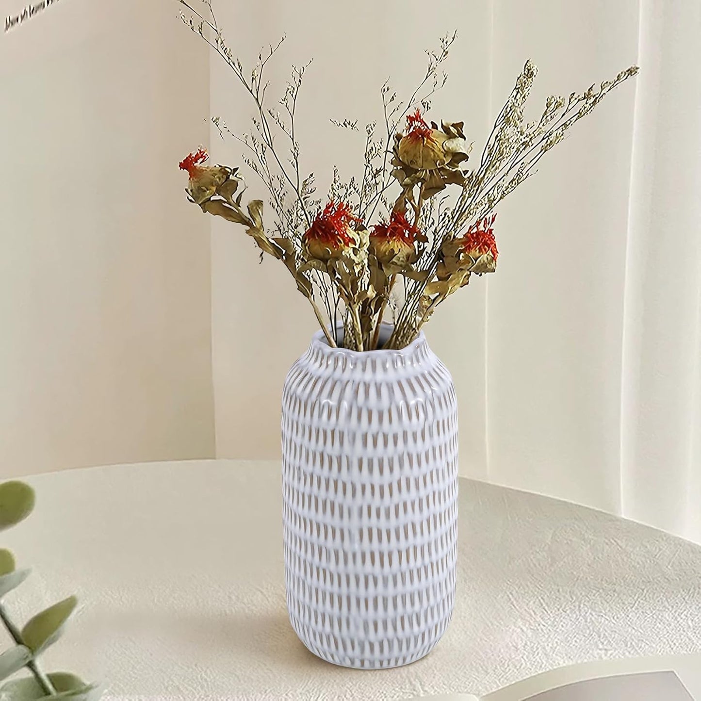 Ceramic Vase for Flowers – Modern Small Ribbed Textured Flower Vase for Home Decor, Pampas Grass, Decorative, Farmhouse, Coffee Table, Kitchen Centerpieces, Bookshelf and Home Living (White)