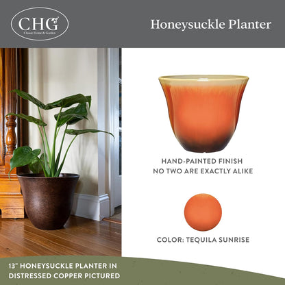 Classic Home and Garden Honeysuckle Resin Planters - Lightweight Indoor & Outdoor Plant Pots - UV-Resistant Plastic Flower Pots - Pot Planters for Flowers & Herbs (15" Distressed Copper)