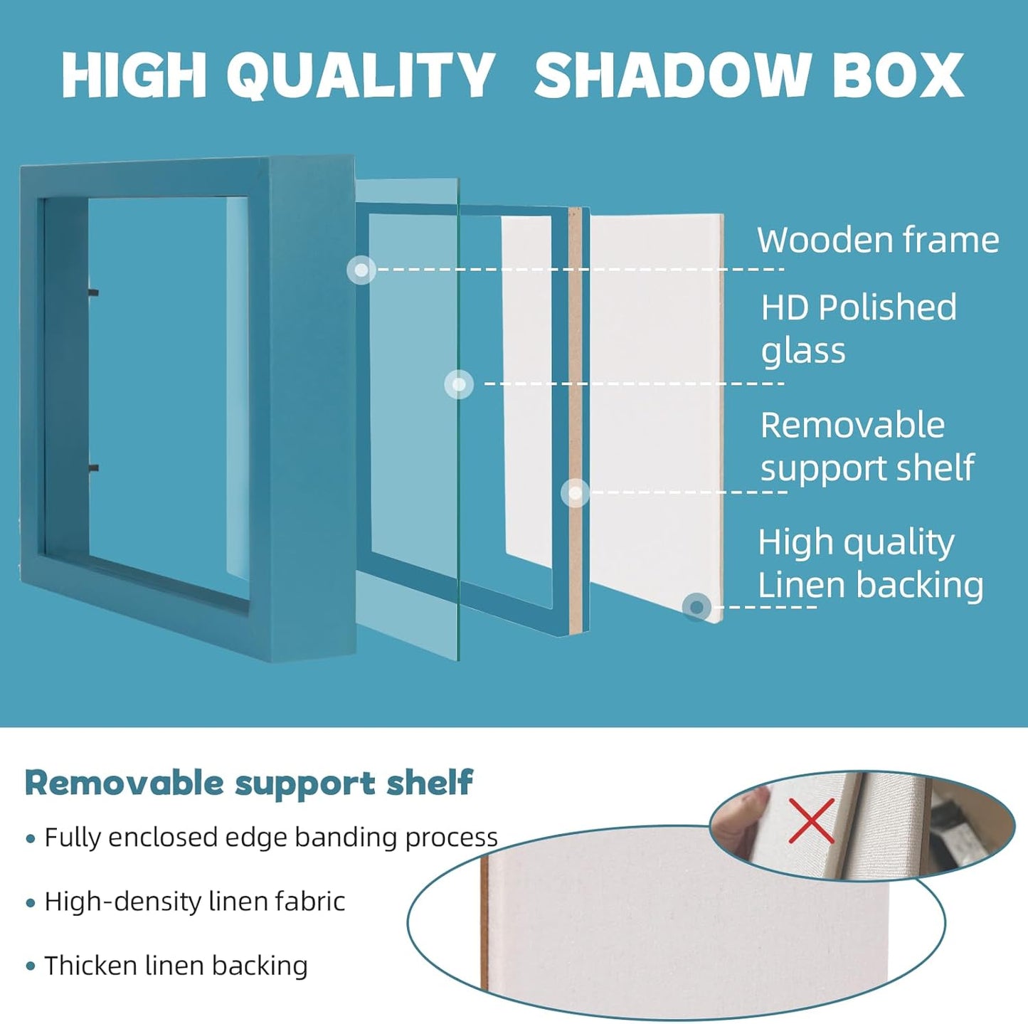 Muzilife 8x8 Shadow Box Picture Frame with Linen Board - Deep Wood & Glass Display Case Ready to Hang Memory Box Baby Sports Memorabilia, Pins, Awards, Medals, Wedding, Tickets and Photos (Black)