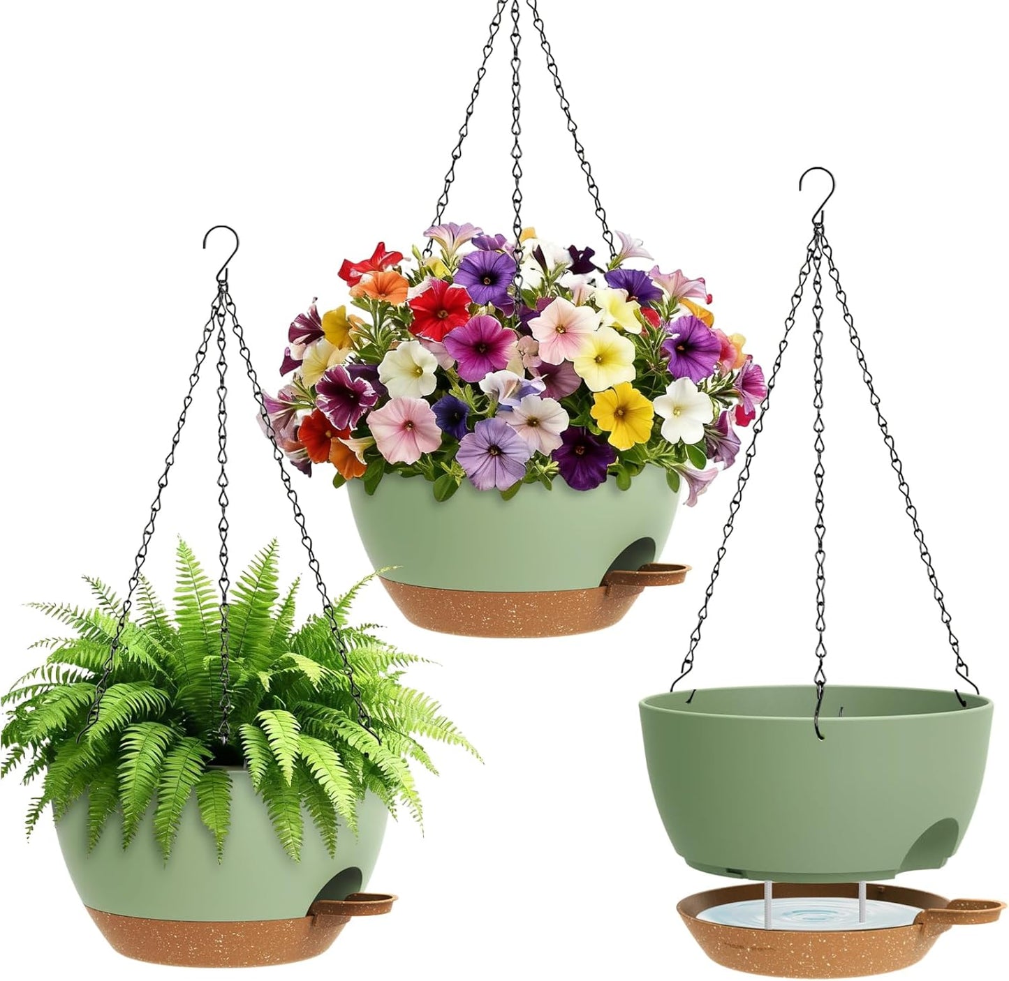 UOUZ Set of 3-10 Inch Self Watering Hanging Planters for Indoor Outdoor，Hanging Plant Pots with Drainage & Removable Tray, Hanging Pots Holder for Ivy, Pothos, Ferns, Balcony & Patio, Black with Brown