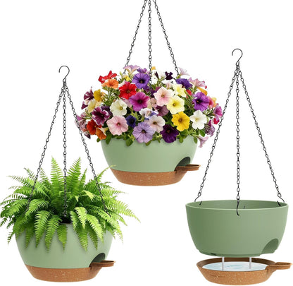 UOUZ Set of 3-10 Inch Self Watering Hanging Planters for Indoor Outdoor，Hanging Plant Pots with Drainage & Removable Tray, Hanging Pots Holder for Ivy, Pothos, Ferns, Balcony & Patio, Black with Brown