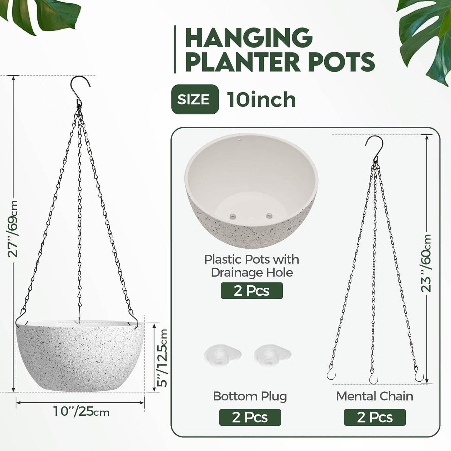 T4U Hanging Planters for Indoor Plants, 10 Inch Hanging Planter Outdoor 2 Pack, Hanging Basket with Drainage Holes, Hanging Plant Holder Indoor, Flower Pots, Plant Pots for Garden, Grey