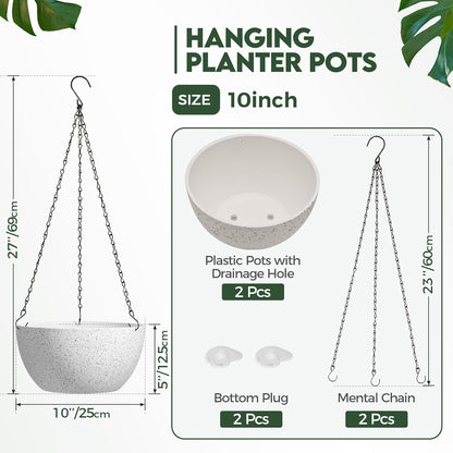 T4U Hanging Planters for Indoor Plants, 10 Inch Hanging Planter Outdoor 2 Pack, Hanging Basket with Drainage Holes, Hanging Plant Holder Indoor, Flower Pots, Plant Pots for Garden, Grey