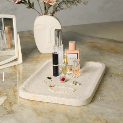 Koville Romano Travertine Tray, 12"x8" Natural Stone Vanity Tray for Countertop Bathroom Kitchen Dresser, Decorative Marble Catchall Trays for Perfume Jewelry, Rectangular Serving Tray(Beige)