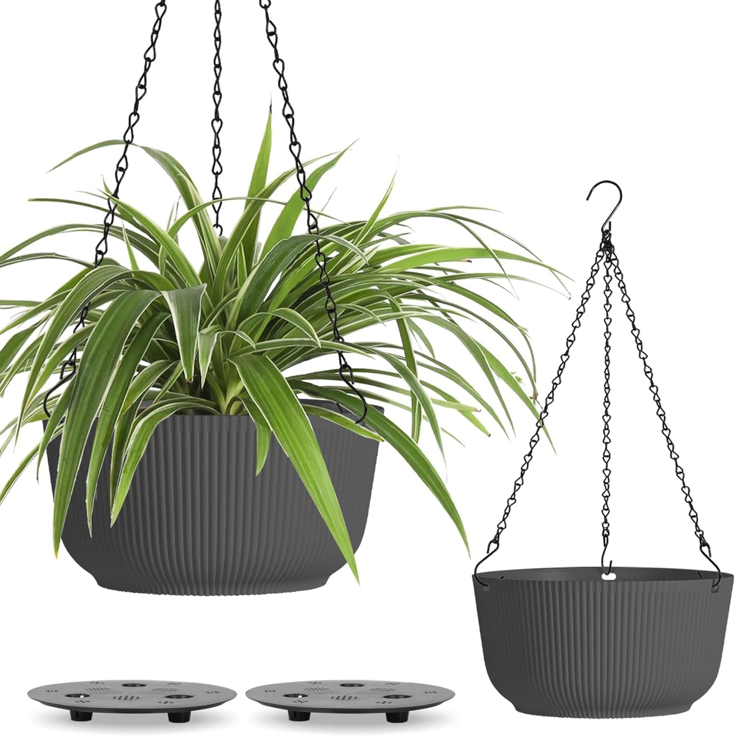 T4U 10 Inch Hanging Planters for Indoor Plants, 2 Pack White Self Watering Hanging Plant Pot, Hanging Pots Set with Drainage Hole & Plug & Chain with 3 Hooks for Garden Home Decor