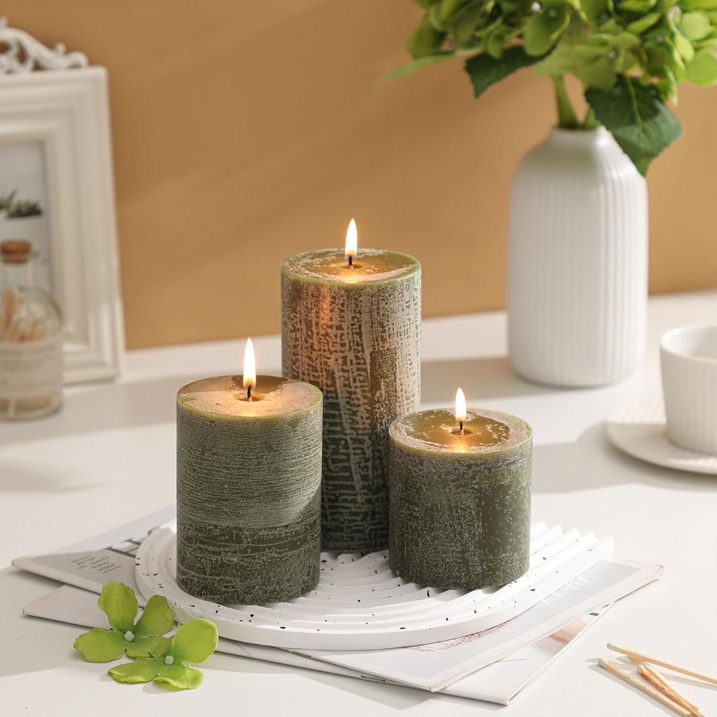 3x6 Inch Sage Green Pillar Candles Set of 3 - Unscented Spring, Long Clean Burning, Large Smokeless Dripless for Home Decor, Dinner Table, Bathroom, Rustic Decor