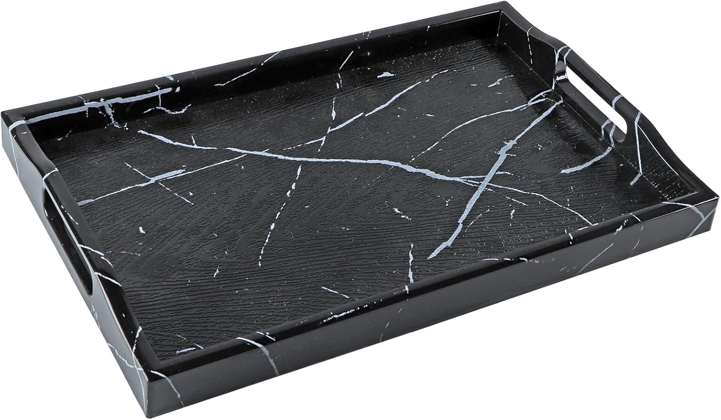 MDLUU Plastic Serving Tray, Ottoman Tray with Cutout Handles, Rectangle Butler Tray for Breakfast in Bed, Coffee Table Decor, Party (Black)