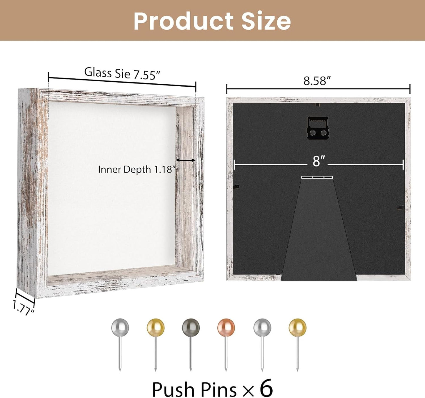 Califortree 8x8 Shadow Box Frame with Soft Linen Back - Push Pins Included, Memory Box Display Case for Flower, Tickets and 3D Items, Black