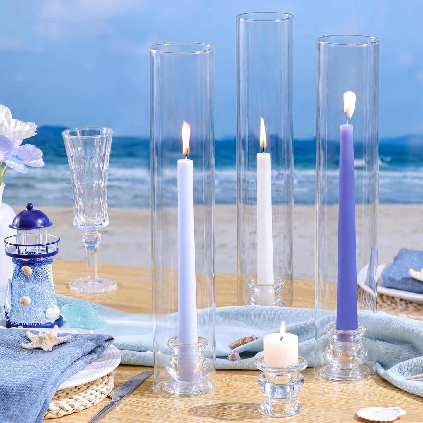 Volens Hurricane Glass Candle Holders - Set of 6 Candlestick Holders for Taper Candles with Windproof Cylinder Covers 14" Tall Clear Glass Chimney Cover for Wedding Table Centerpiece Home Decor