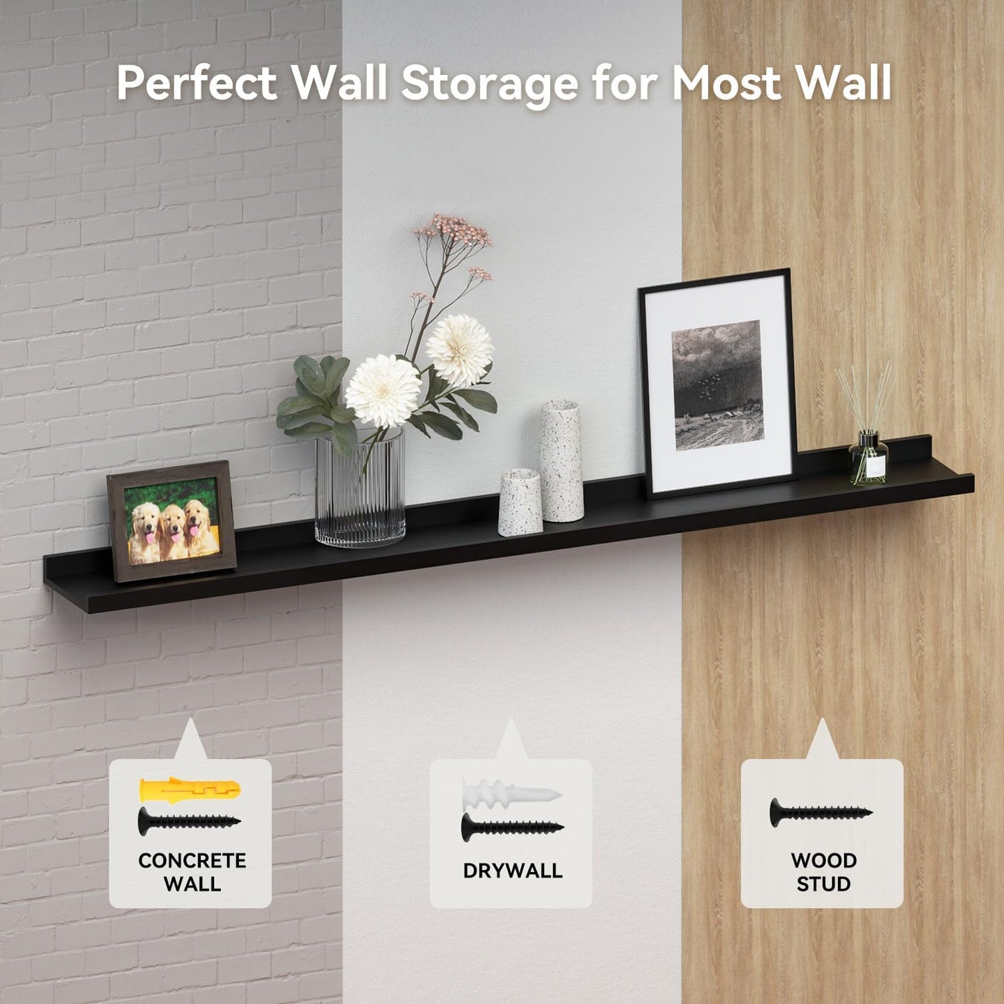 RICHER HOUSE 5 Set Floating Wall Mounted Shelves, Black Shelves for Wall Decor, Modern Picture Ledge Shelf with Lip for Storage, Nursery, Bedroom, Living Room, Bathroom - Black