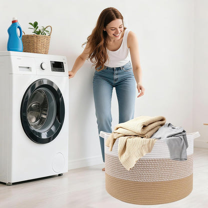 Large Woven Blanket Basket,65L Cotton Rope Laundry Basket Hamper with Handles, Decorative Nursery Basket Storage Bin for Toys, Clothes Organizer, Living Room, Bedroom, Bathroom, White & Brown