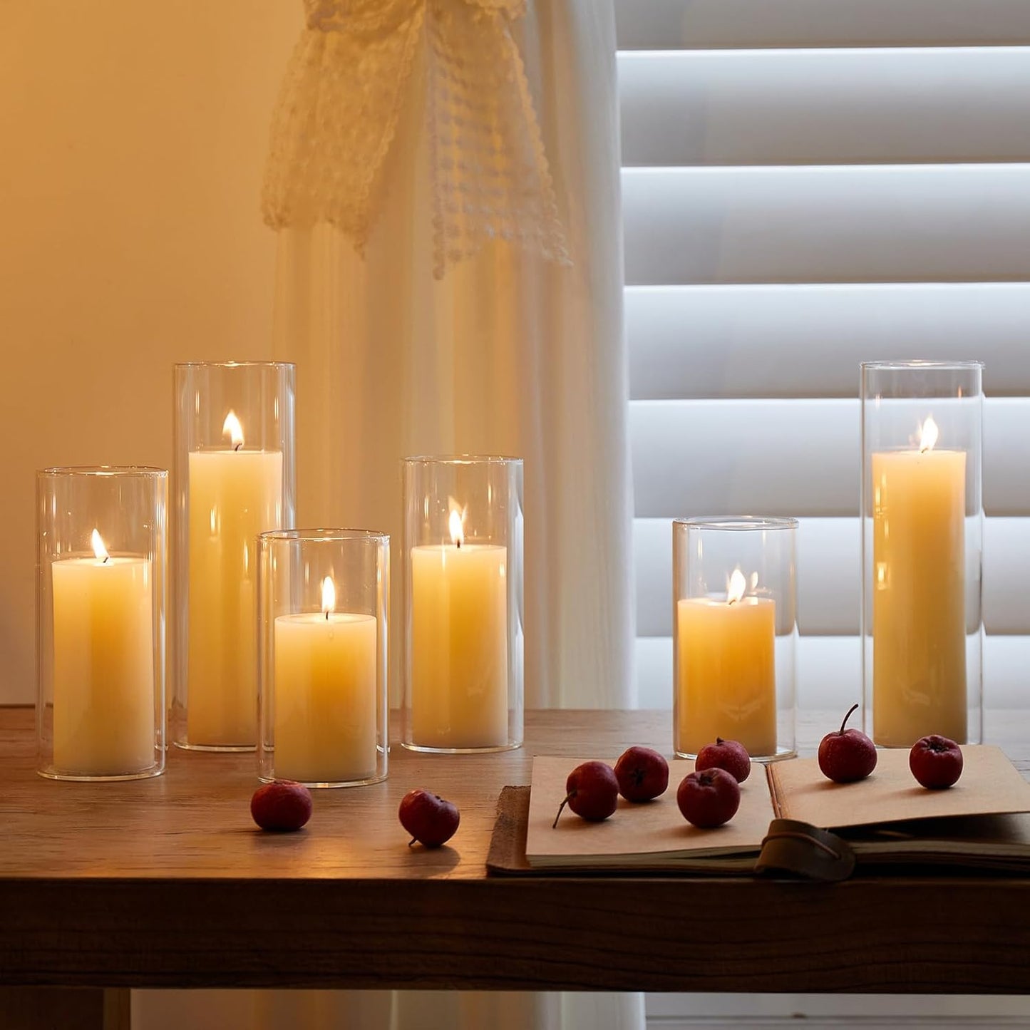 Set of 6 White Pillar Candles with Clear Glass Hurricane Holders- Elegant Cylinder Candle Vases for Weddings, Parties, Centerpieces, Home & Office Decor (White, 6 Set)