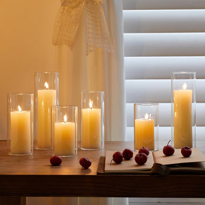 Set of 6 White Pillar Candles with Clear Glass Hurricane Holders- Elegant Cylinder Candle Vases for Weddings, Parties, Centerpieces, Home & Office Decor (White, 6 Set)