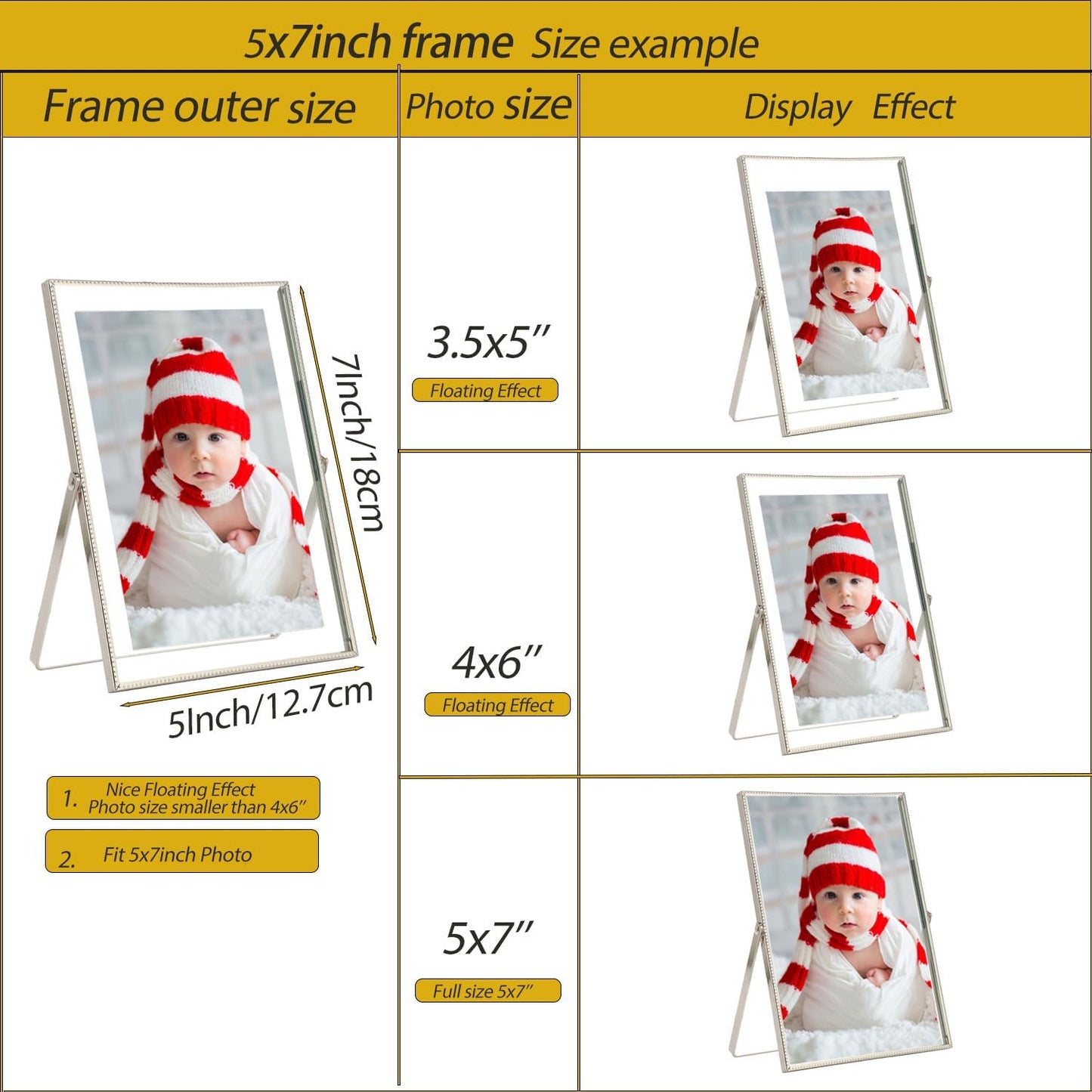 Gold 6x8'' Floating Photo Frame 2 Pack, Beaded Metal Frame Fits 3.5x5'', 4x6'' & 5x7'' Pictures, Adjustable Tabletop & Shelf Display, Elegant Wedding Gift for Home Decor