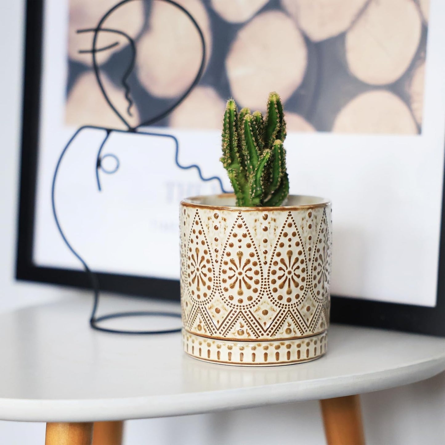 Gepege 6 Inch Beaded Ceramic Planter Set of 2 with Drainage Hole and Saucer for Plants, Indoor-Outdoor Large Round Succulent Orchid Flower Pot (Smoked Gray, Inner-pots not Larger Than 5 Inch)