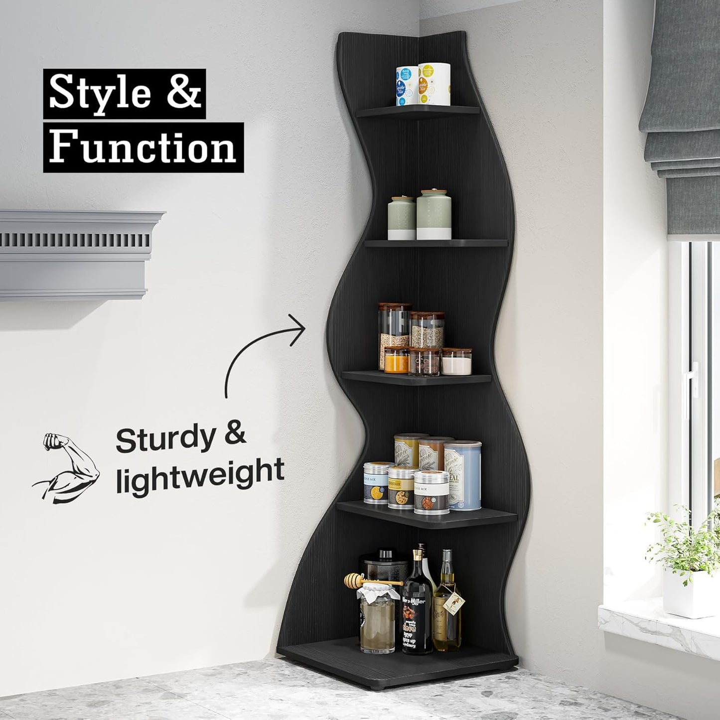 Tribesigns Corner Shelf, Modern 5-Tier Wall Corner Bookshelf, Stylish Corner Small Bookcase Storage Rack Plant Stand with Unique Shape for Living Room, Home Office (White, 1PC)