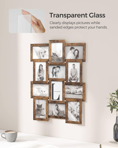 SONGMICS Collage Picture Frames, 4x6 for Wall Decor, Multi Family Photo for Gallery Decor, Hanging Display, Set of 12, Rustic Brown URPF026X01
