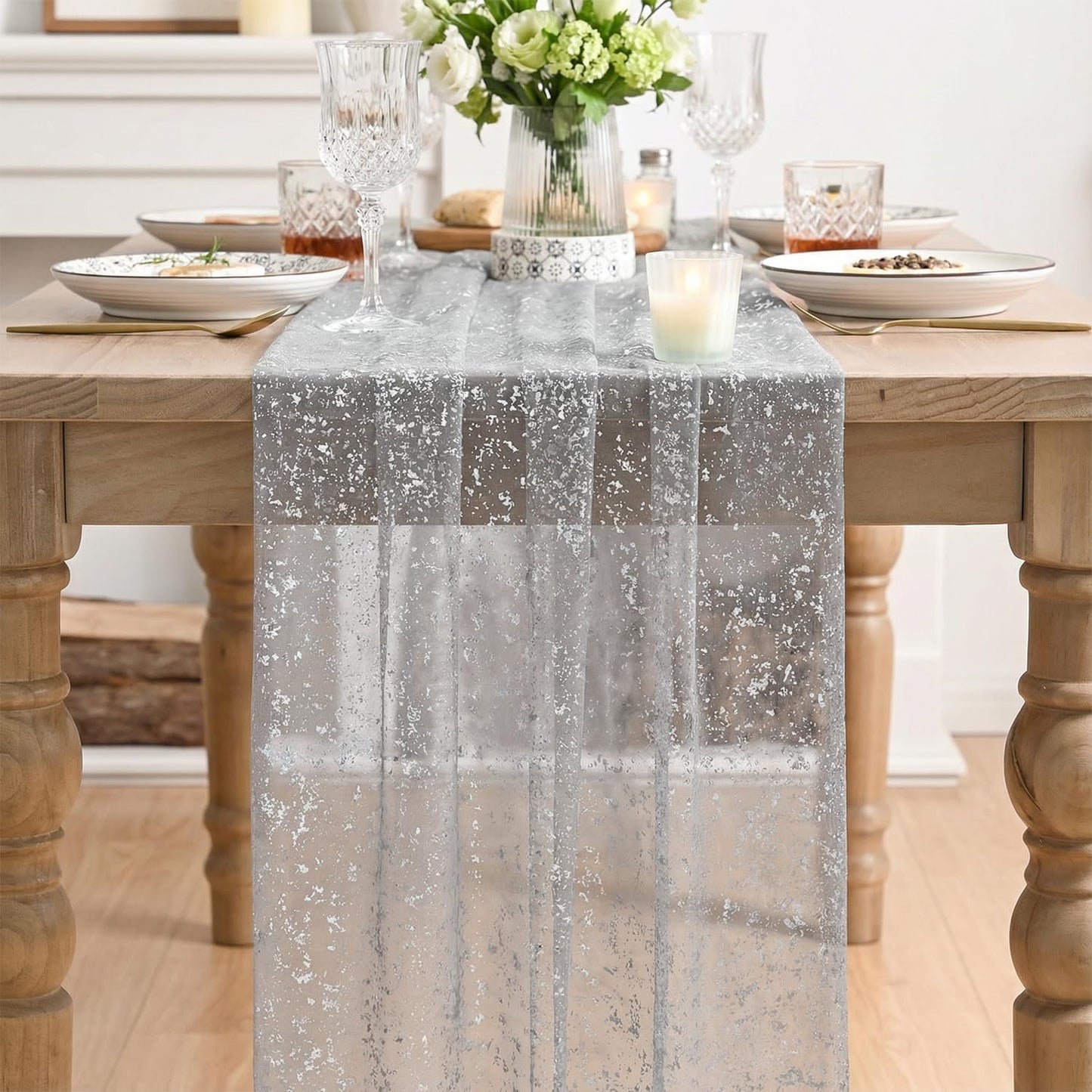 Artoid Mode Beige Gold Gauze Table Runner 120 Inch 10FT, Glitter Metallic Foil Sheer Dining Wedding Anniversary Holiday Birthday Table Decor for Home Party
