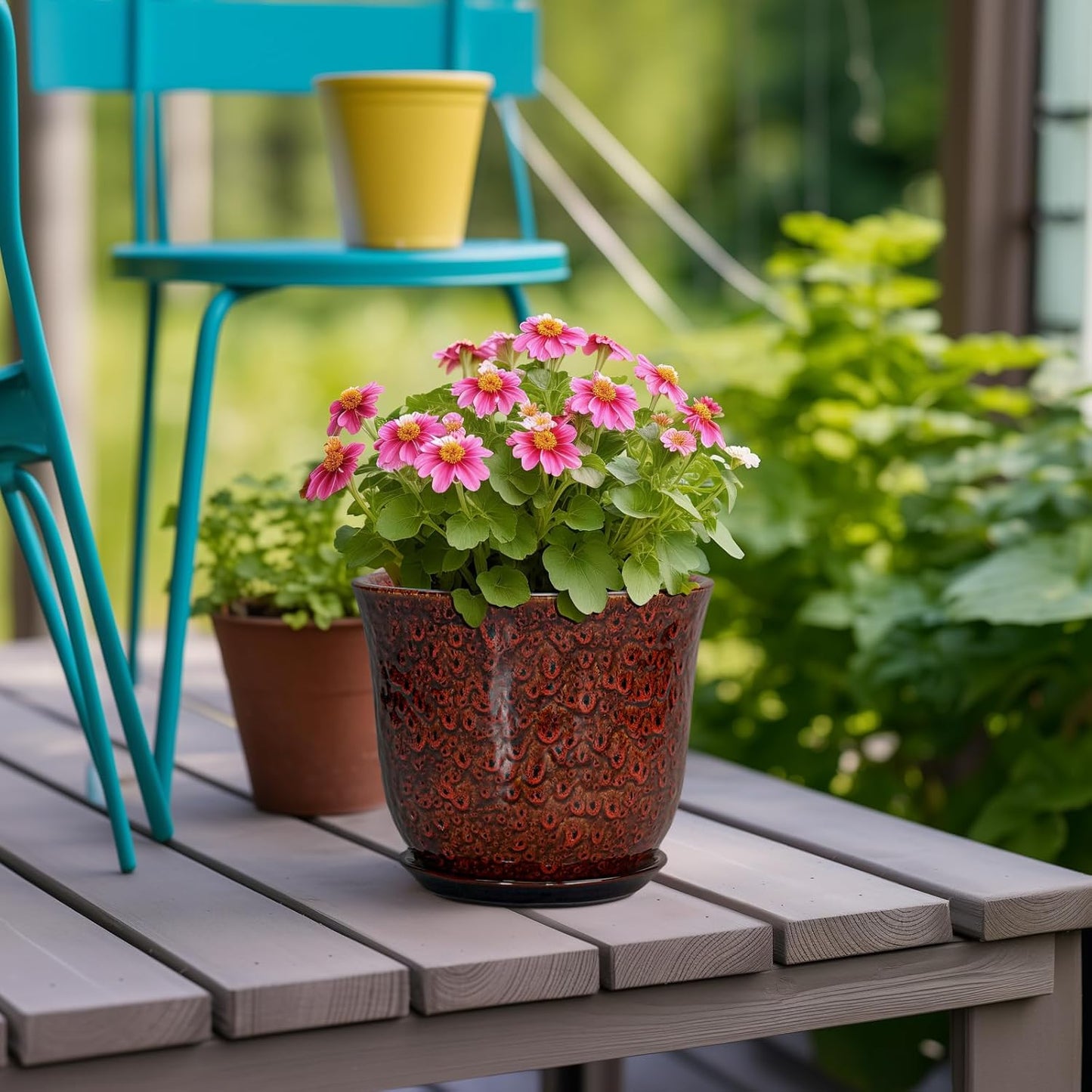 Ceramic Plant Pots - 12 Inch Pots for Plants Indoor Outdoor, Large Round Planter with Drainage Hole and Saucer, Modern Decorative Flower Pot, Home Garden Decor, House Warming Gifts, Blue