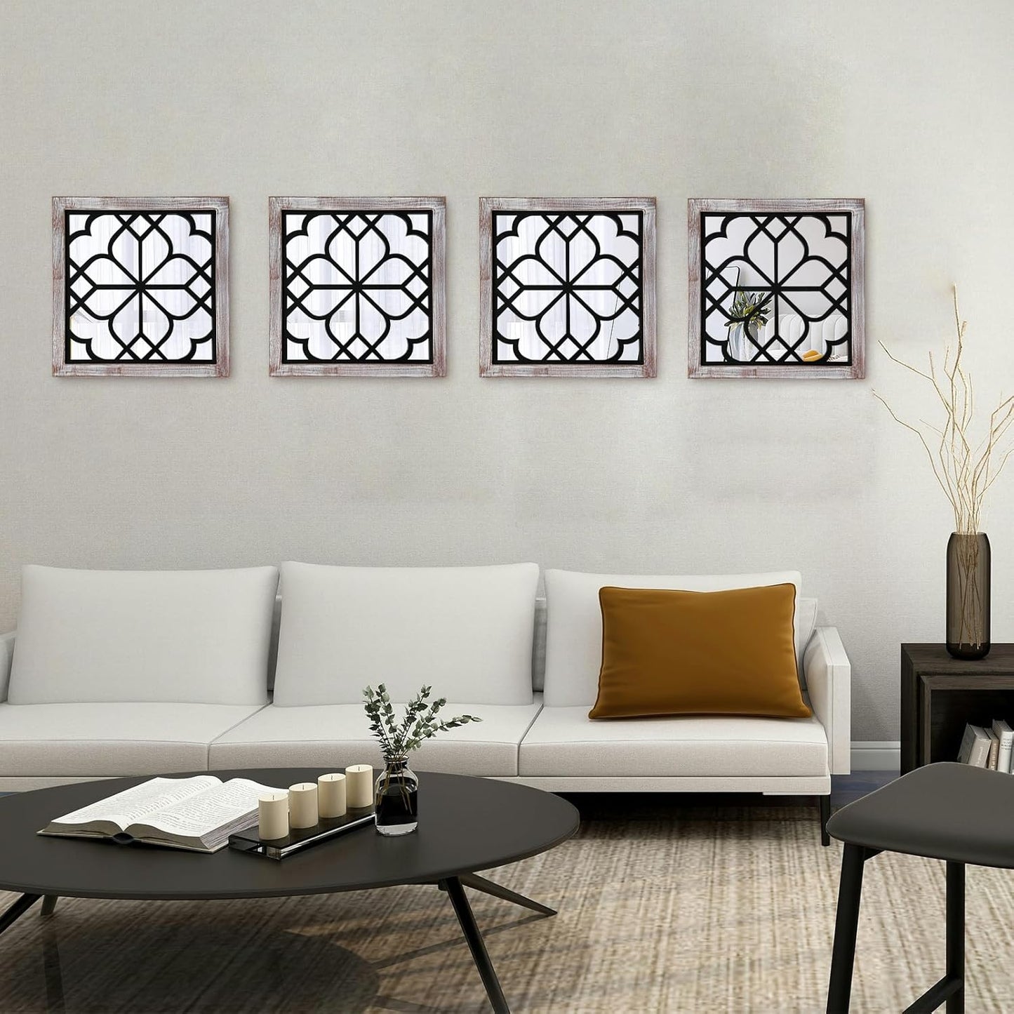 ZEXUIRU 4 Set. Rustic Wall Mirrors for Bedroom Bathroom Living Room Entryway Wood Farmhouse Square Easy to Hang Framed Decorative Accent Hanging Wall-Mounted Mirror Set for Living Room - Black