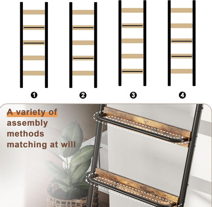 Blanket Ladder, 5-Tier Towel Holder with 4 Removable Hooks, Farmhouse Wall Leaning Decorative Rack Shelf, Wooden Towel Display Rack, Quilt Ladder for Living Room, Bedroom, Rustic Brown