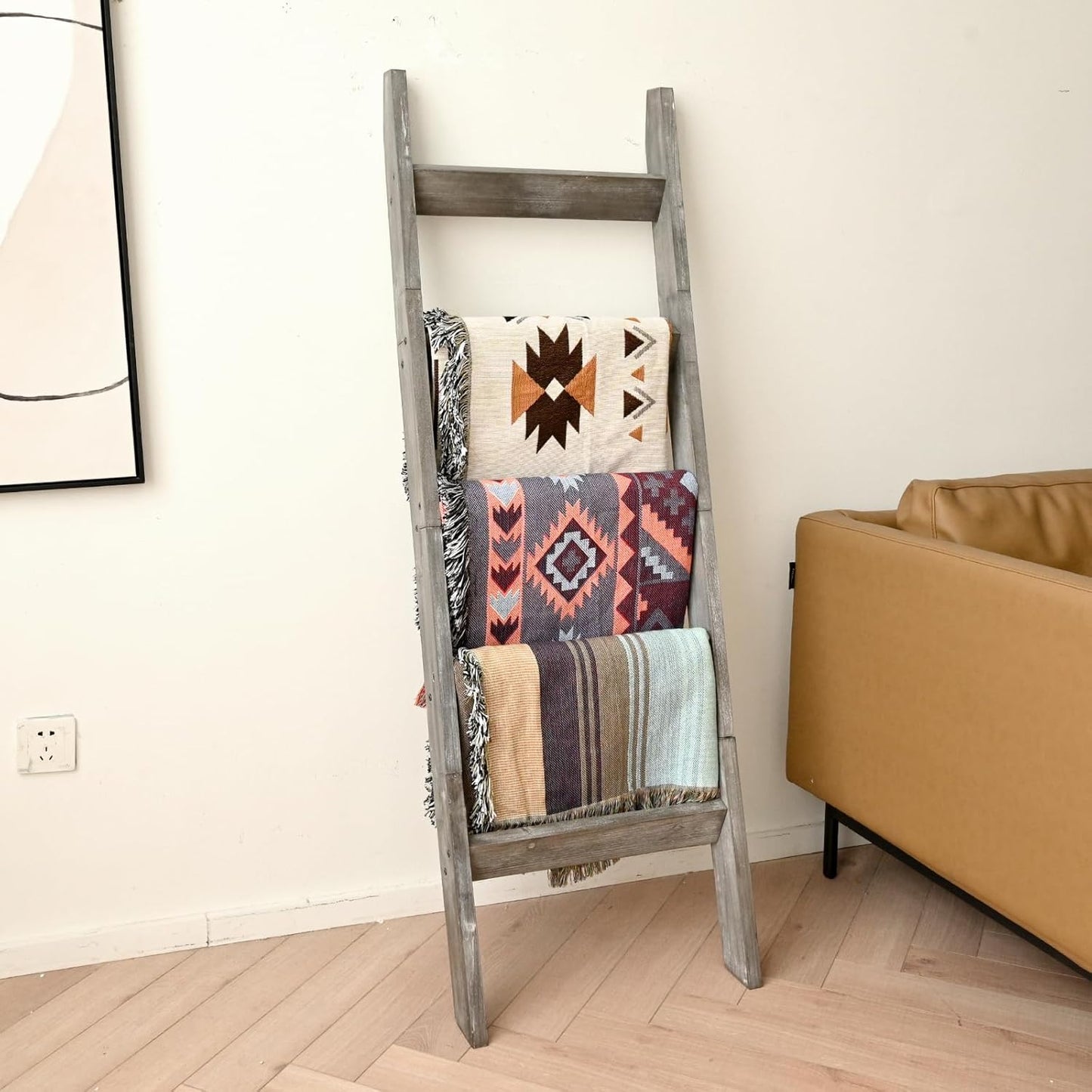 FUIN 5ft (58") Wood Blanket Ladder Living Room Decorative Wall Leaning Farmhouse Quilt Display Holder Storage Rustic Wooden Towel Rack for Bathroom, Brown
