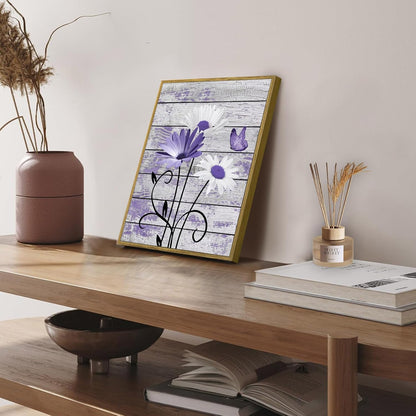 HVEST Farmhouse Floral Wall Art for Living Room, Blue and White Daisy Flower and Butterfly on Rustic Wood Board Canvas Wall Art Framed Artwork Ready to Hang for Bathroom Bedroom Decor, 16L X 12W