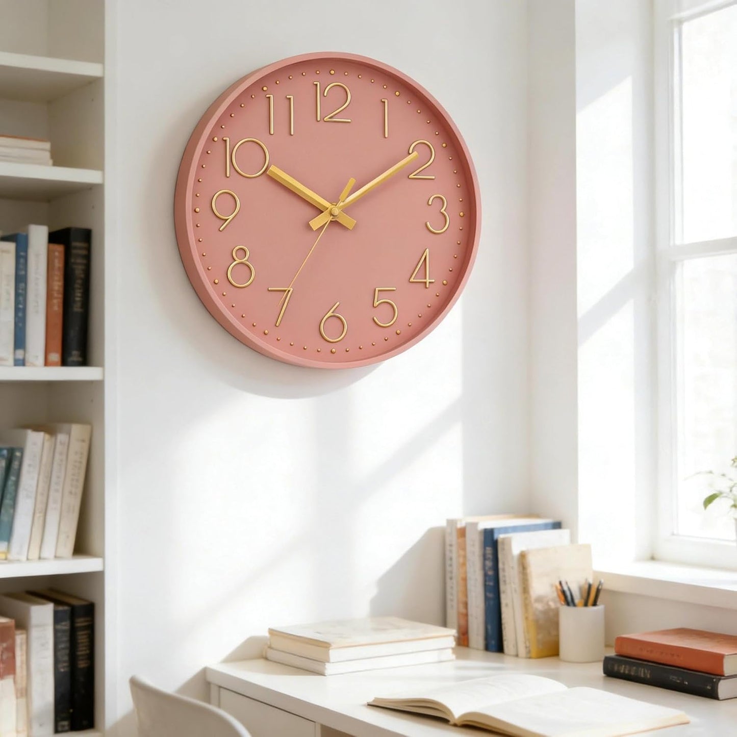DAXSMY Wall Clock - 8 Inch Silent Non-Ticking Modern 3D Wall Clocks Battery Operated - Decorative Clock for Kitchen, Home Office, Bathroom, Bedroom(Rose Gold)