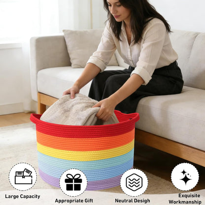 Large Woven Blanket Basket,65L Cotton Rope Laundry Basket Hamper with Handles, Decorative Nursery Basket Storage Bin for Toys, Clothes Organizer, Living Room, Bedroom, Bathroom, White & Brown