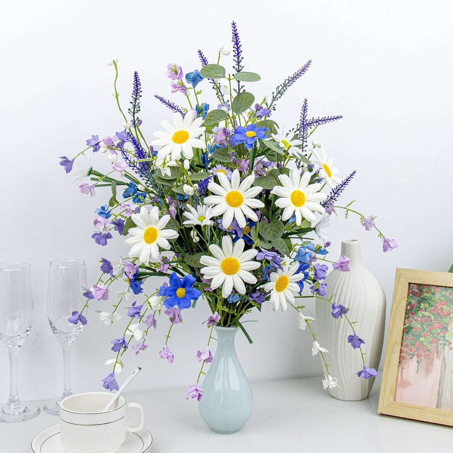 12 PCs Artificial Spring Summer Flowers Rustic Blue and White Artificial Flowers Wildflower Floral Stems with Daffodils Daisy Flower Picks for Vase Table Centerpieces Summer Spring Decor