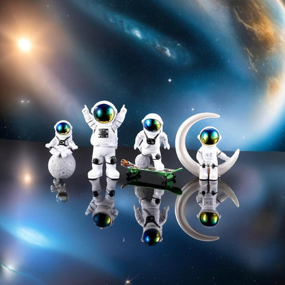 Blue White Astronaut Statues Set of 4, Spaceman Sculpture Figurines Outer Space Theme Decor for Nursery Room Cake Topper