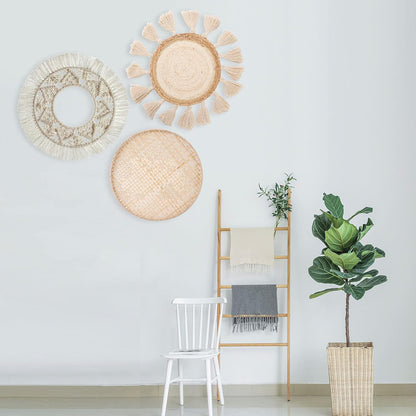 Boho Wall Basket Decor Set of 8 - Flat Woven Basket Wall Hanging Decor,Round Tassels White Macrame Tapestry Wall Decor Art,Handmade Rattan Wicker Seagrass Home Wall Baskets Decor（Boho Classic)