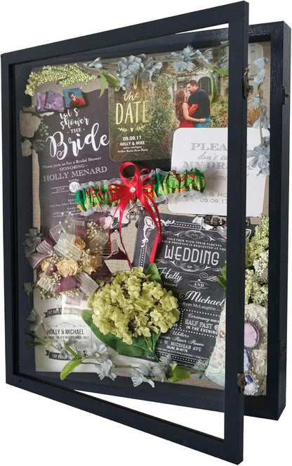 GraduationMall 13x16 Wood Shadow Box Frame Glass Door Display Case with Linen Back and 6 Stick Pins,1.5 inches Interior Depth,Ideal for Memorabilia Pictures Flowers Medals Tickets Rustic White