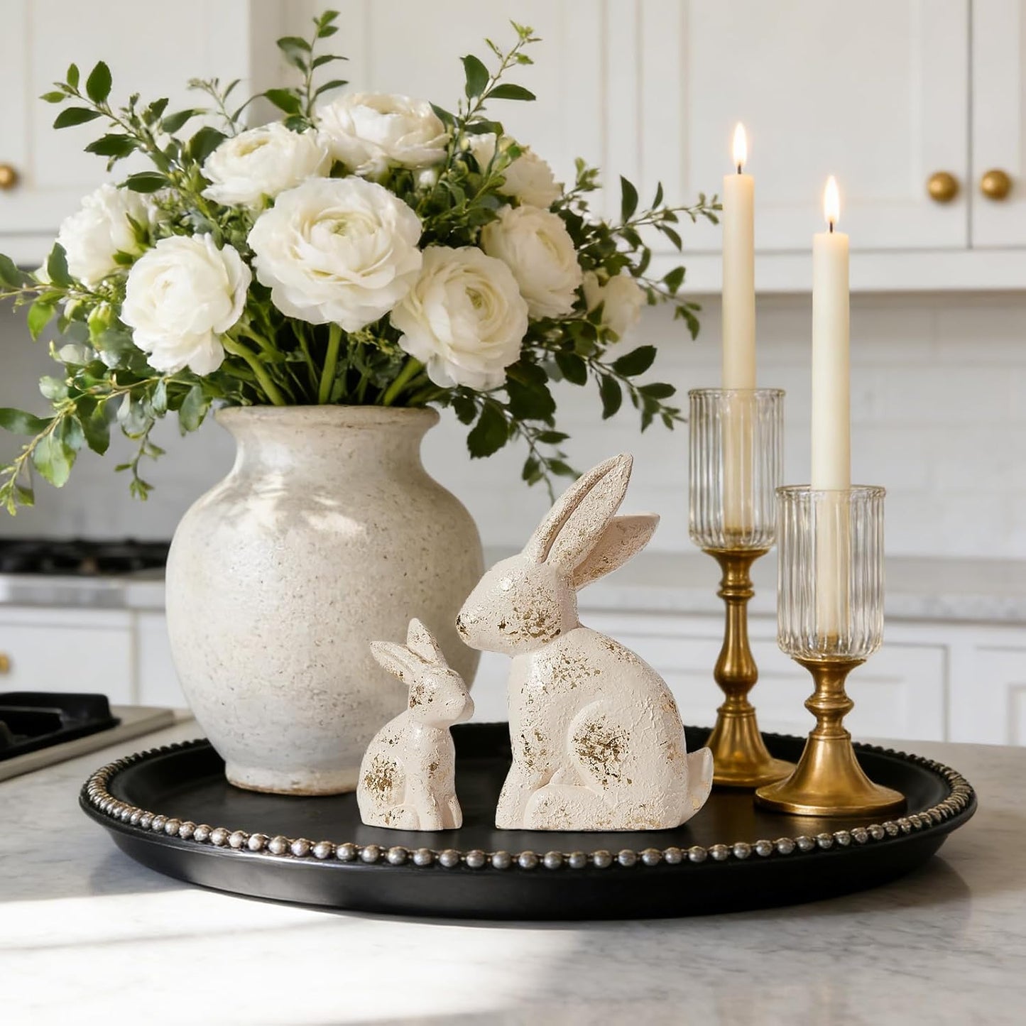 DN DECONATION Golden Polyresin Bunny Decor Rabbit Figurines, Easter Bunny Statue Set of 3 for Spring Tabletop Decor