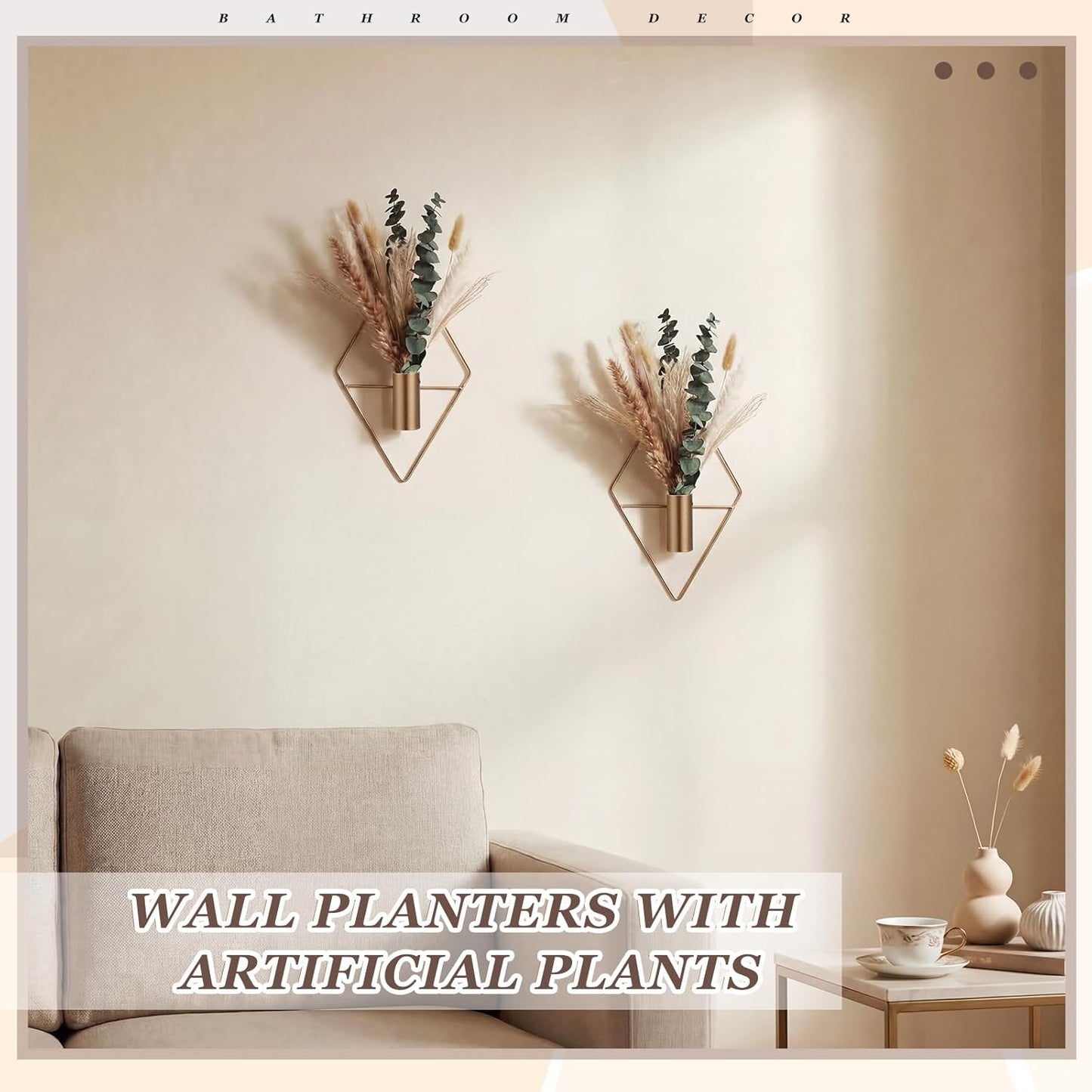 Jexine 4 Pcs Hanging Planters with Artificial Eucalyptus Metal Hanging Vase Indoor Plants Holder Modern Geometric Boho Bathroom Wall Decor for Living Room Home Office(Black)