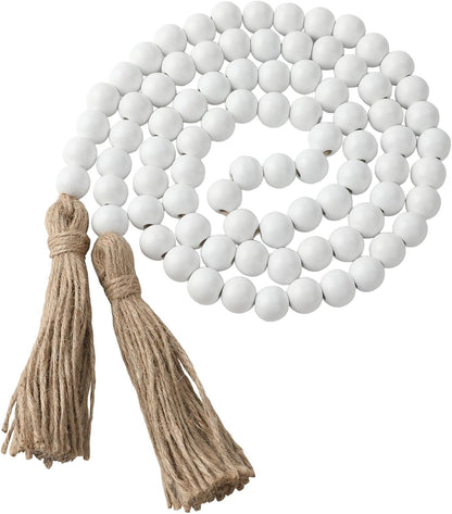 Wood Bead Garland 58 Inch Nature Wooden Beads for Boho Farmhouse Table Home Decor with Tassel, Wooden Prayer Bead, Rustic Country Boho Wall Hanging Decor for Kitchen Modern Living Room Tray Vase Shelf