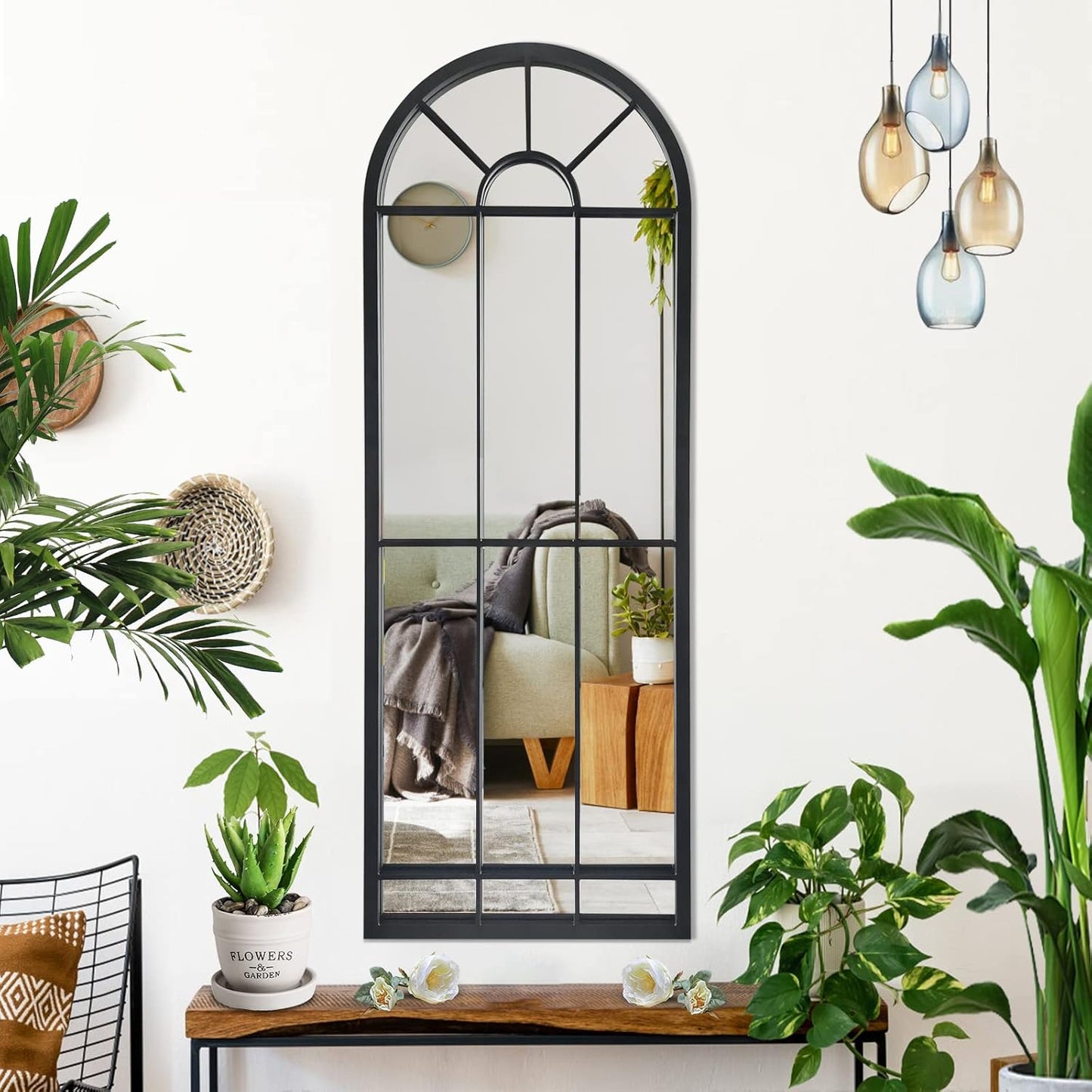 HQiJun Black Arched Window Mirror, Farmhouse Decorative Wall Mirrors for Living Room, Bedroom, Entryway, Bathroom Vanity, Fireplace Mantel, Window Pane Mirror Wall Decor (Black, 31.5 x 20 x1)