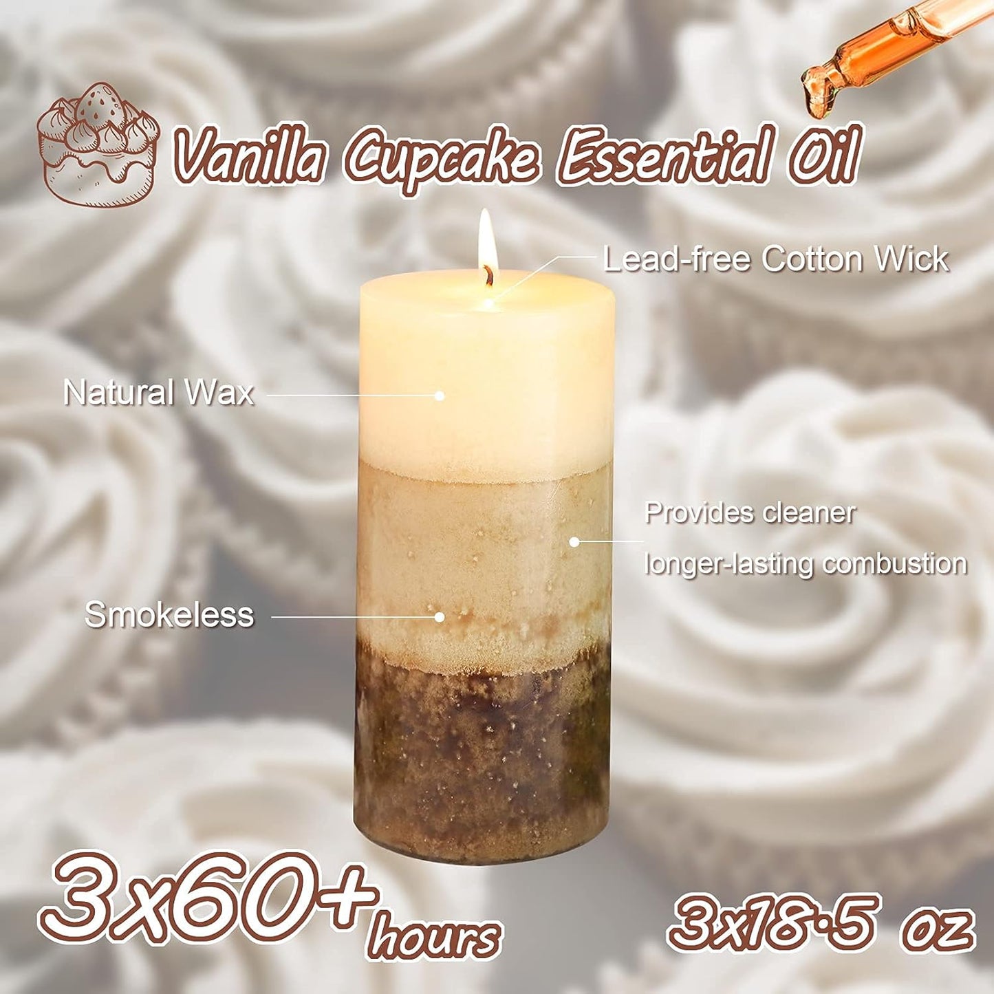Pillar Candles Vanilla Cupcake Scented Immeiscent Aromatherapy Candle 50+ Hours Clean Burning Long Lasting Mottled Layered Candles for Home Scented SPA Restaurant Set of 3