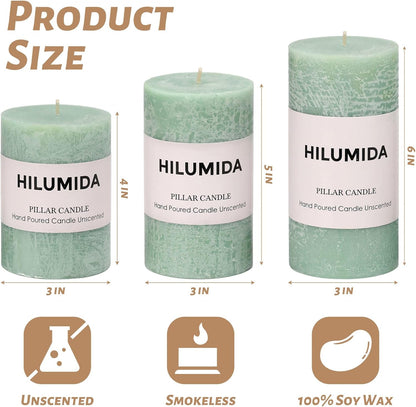 Sage Green Pillar Candles Set of 3 - Hand-Poured Unscented Candles,Smokeless Dripless Candles for Dinner Table and Home, Set of 3 in Different Sizes (3"x4", 3"x5", 3"x6")