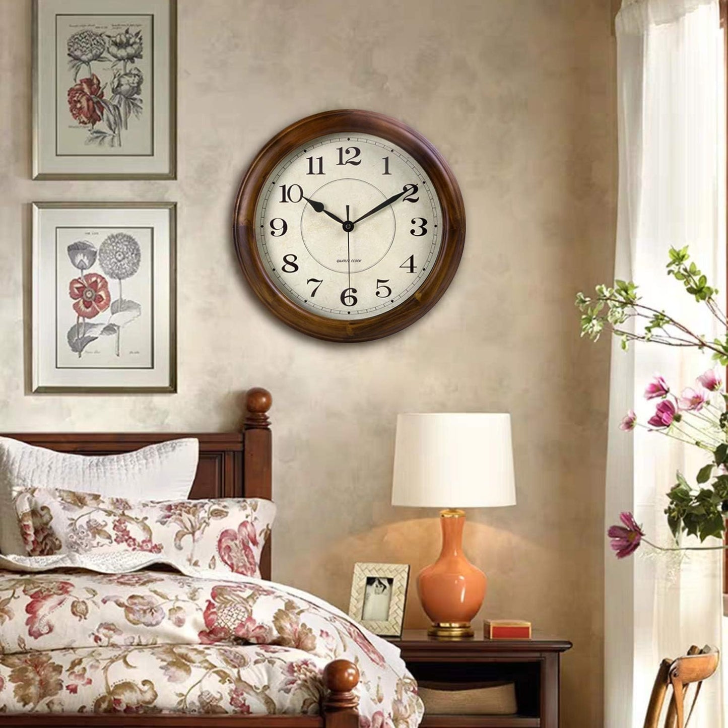 Kesin Wall Clock Wood 14 Inch Silent Wall Clocks Large Decorative Battery Operated Non Ticking Analog Retro Clock for Living Room, Kitchen, Bedroom