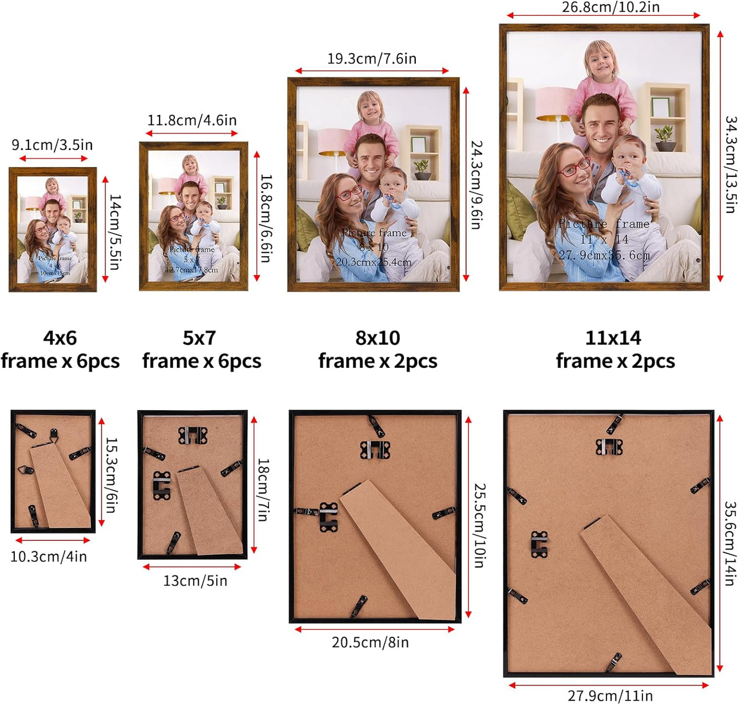 Giftgarden 16 Pack Gold Picture Frames for Multi Sizes Photos, Assorted Set Including Two 11x14, Two 8x10, Six 5x7, Six 4x6, Gallery Collage Frame for Wall or Tabletop Display