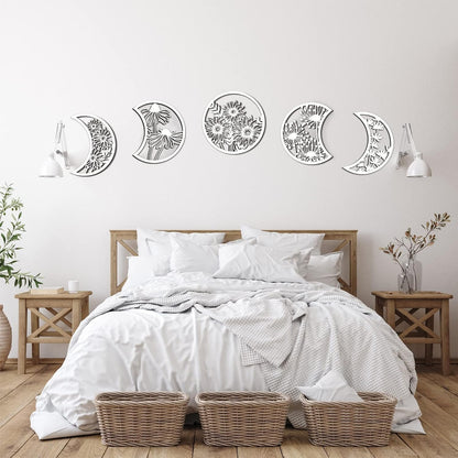 Jetec 5 Pcs Moon Phase Wall Art Decor Wall Pediments Hanging Wooden Phase Spiritual Bedroom Nordic Boho Lunar Aesthetic Art for Living Room Dorm Apartment Ornament(Brown,10.6 Inch,Botanical)
