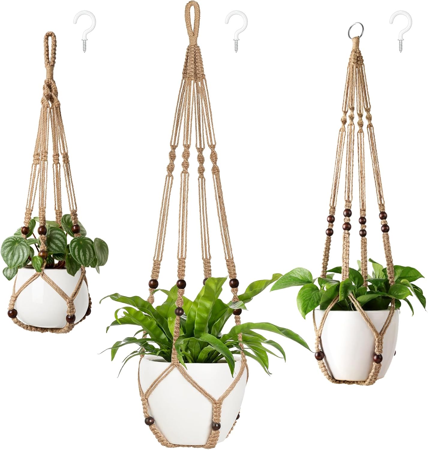 Mkono 3 Pack Macrame Plant Hangers Indoor Different Size Hanging Planter Basket Flower Pot Holder with Beads No Tassels 35"/29"/23", Medium, Brown