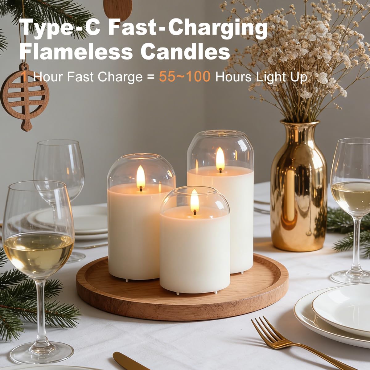 Rechargeable Flameless Glass Pillar Candles–Gifts for Women,–Set of 3, Realistic Flickering LED Light,Remote & Timer, Ideal for Living Room, Bedroom & Festival Wedding Home Party Decor